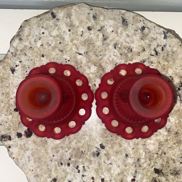 Vintage Westmoreland Handmade Red Glass Satin Mist Doric Lace Candle Holder Pair - Picture 4 of 12